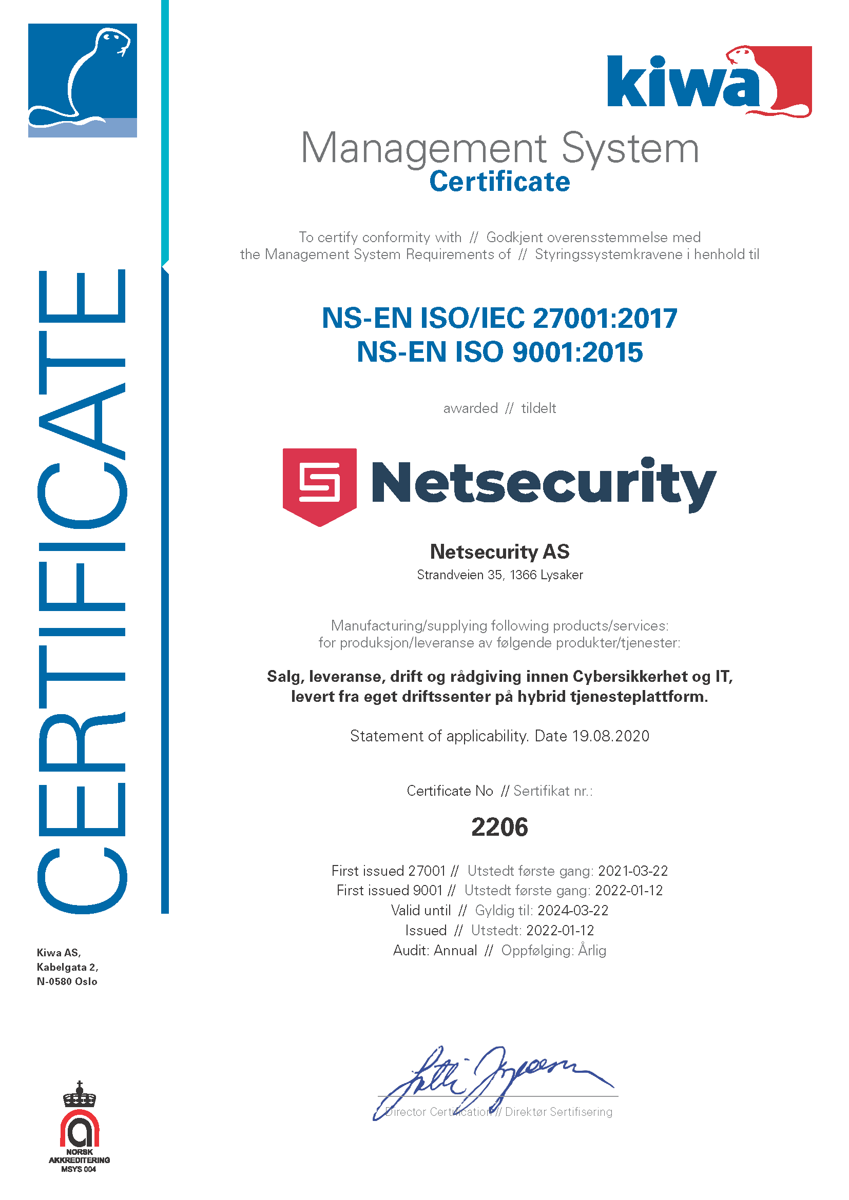Sertifikat Netsecurity 9001 og 27001 2022